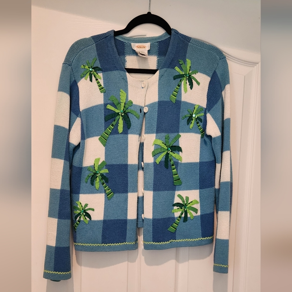 Talbots Blue and White Cardigan with Palm Tree Accents